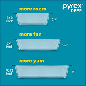 Pyrex deep 9x13 baking dish in oven, showcasing deep capacity.