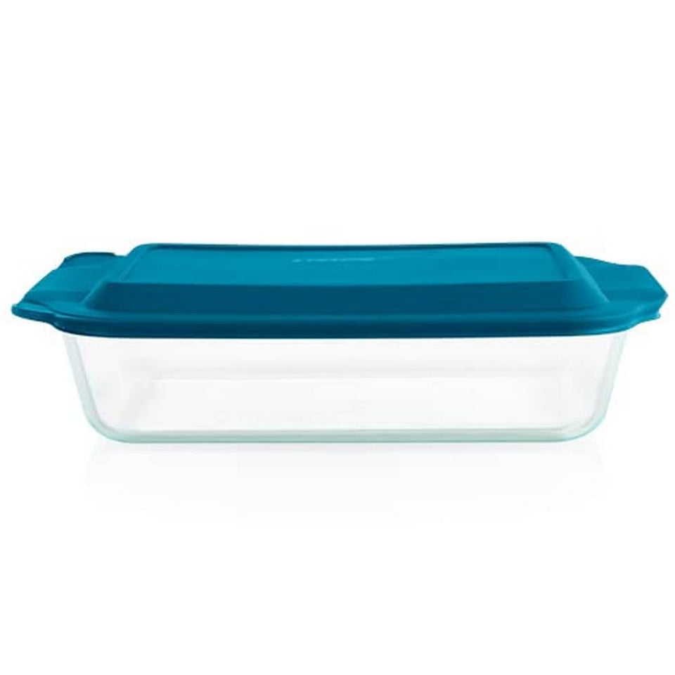 Pyrex deep 9x13 baking dish with lid, ready for prep, baking, and storage.