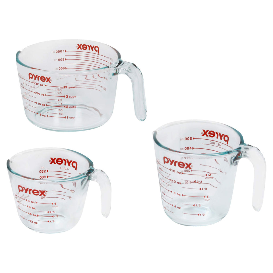 Pyrex Essentials 1-cup measuring cup with easy-grip handle for precise pouring.