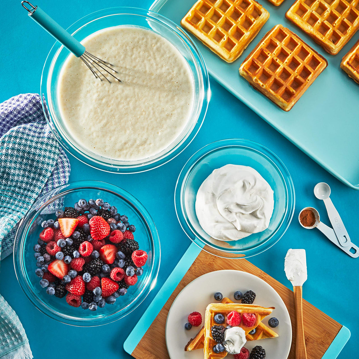 Pyrex Essentials dishwasher-safe glass bowls simplify cleanup after cooking.