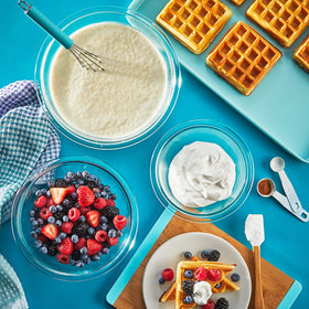 Pyrex Essentials dishwasher-safe glass bowls simplify cleanup after cooking.