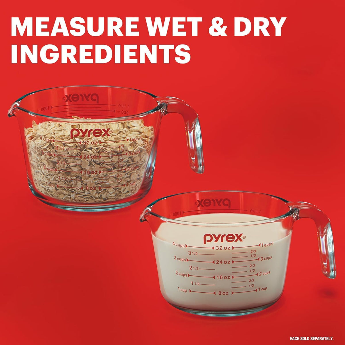 Pyrex glass cups with easy-grip handles for comfortable, stable measuring.