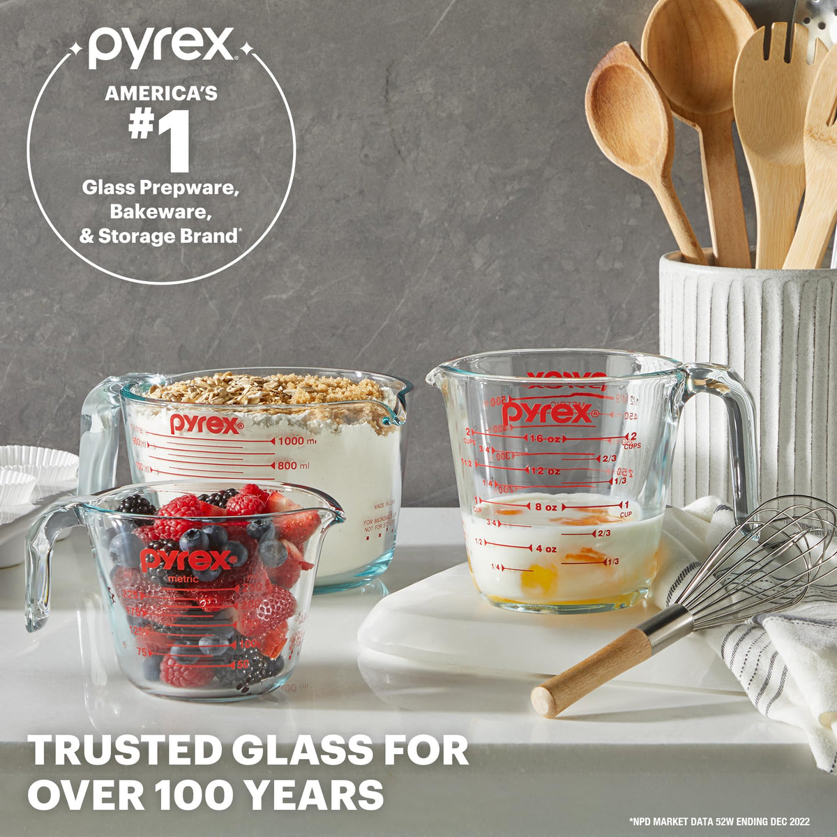 Durable handle and ergonomic grip on Pyrex measuring cups.