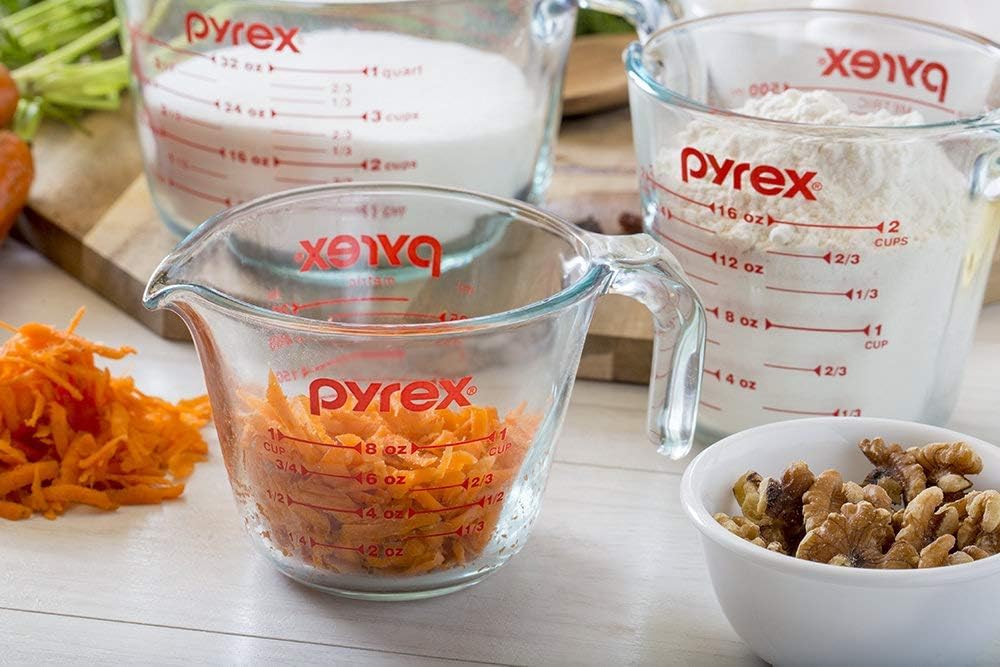Durable tempered glass construction of Pyrex Essentials measuring cups.