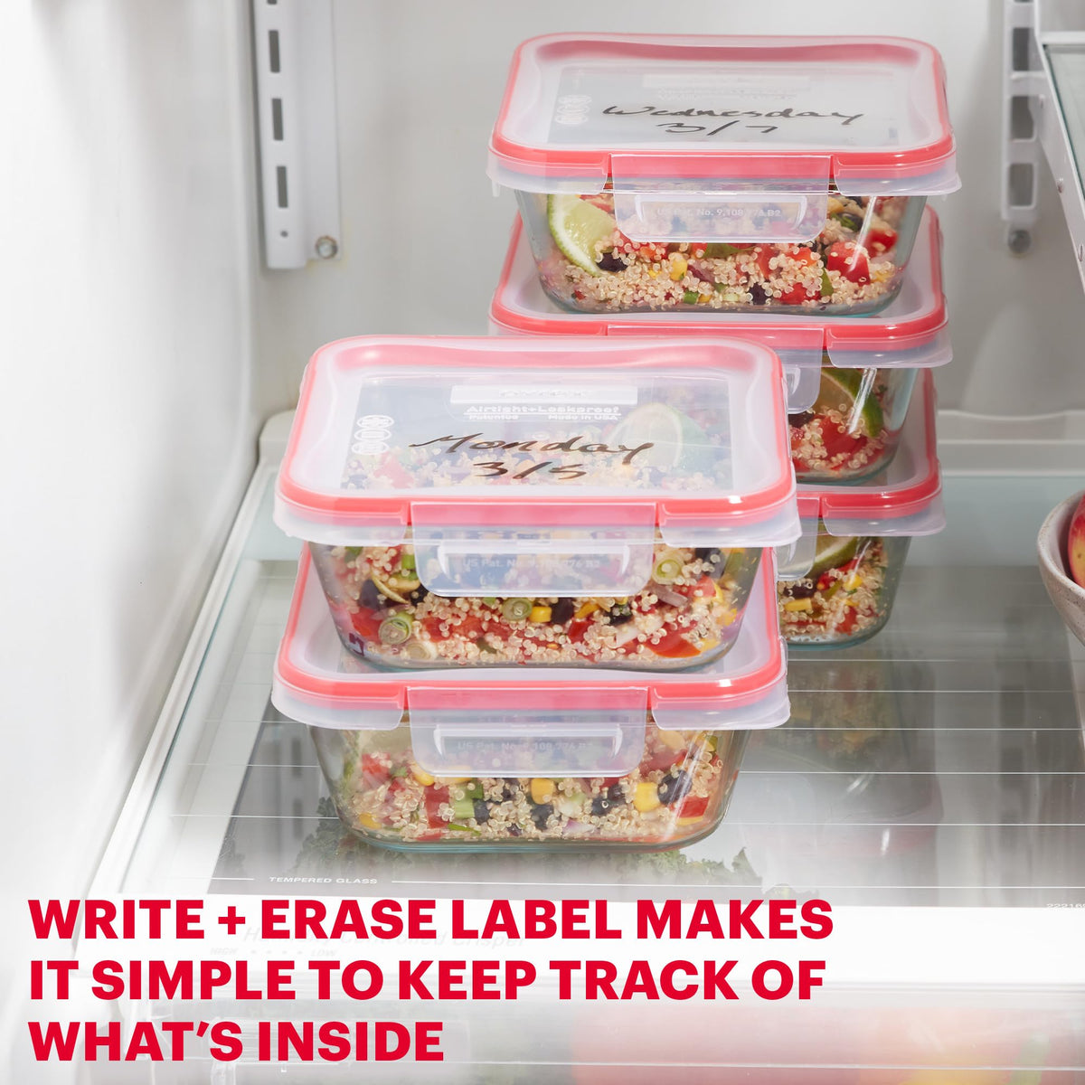 Pyrex Freshlock container safe for freezer and top-rack dishwasher cleaning.