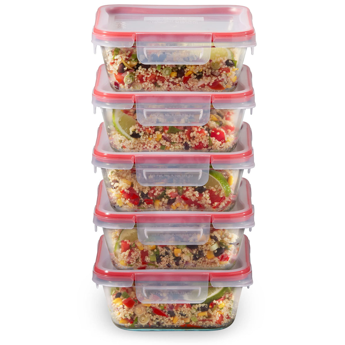 Pyrex Freshlock 4-cup square container with locked lid for secure transport.