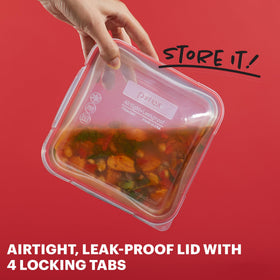 Pyrex Freshlock glass container ready for microwave reheating.
