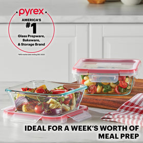 Five-pack Pyrex Freshlock containers organized for weekly meal prep.