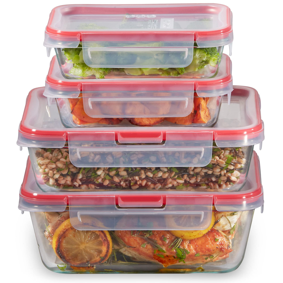 Pyrex FreshLock 4-pack front view shows clear glass containers for meal prep.