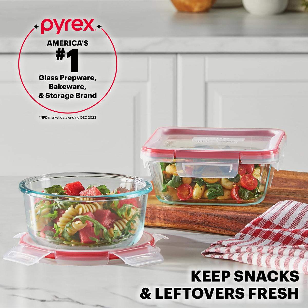 Pyrex Freshlock set fits freezer, microwave, and dishwasher for convenience.