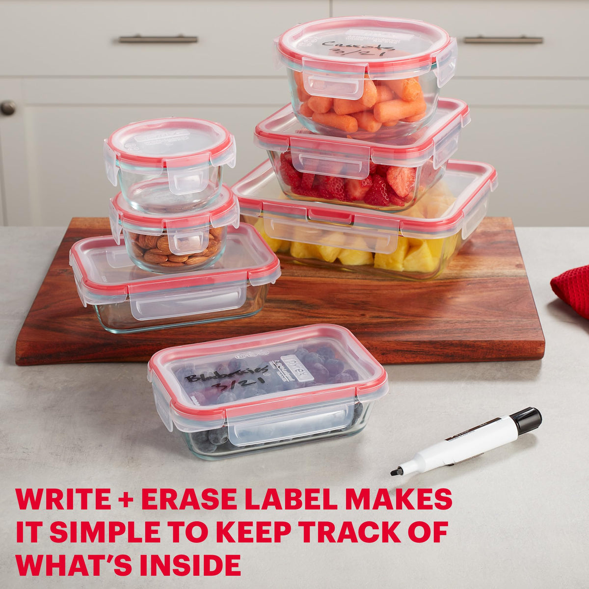 Pyrex Freshlock write-and-erase labels help track contents.