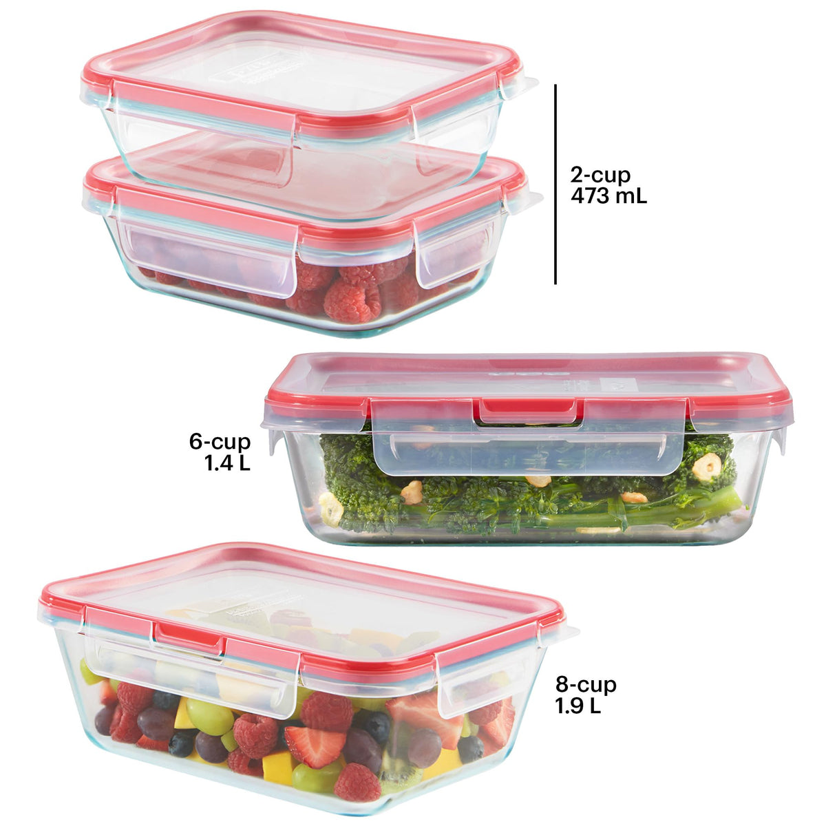 Pyrex FreshLock lids close-up with four locking tabs for an airtight seal.
