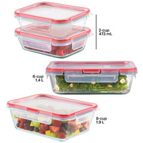 Pyrex FreshLock lids close-up with four locking tabs for an airtight seal.