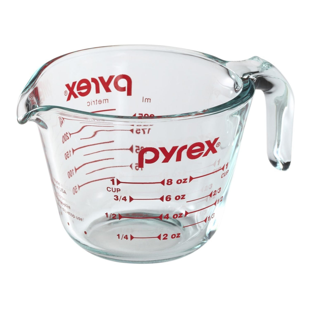 Pyrex Prepware 2-Cup measuring cup with red markers, versatile for bowls and pans.