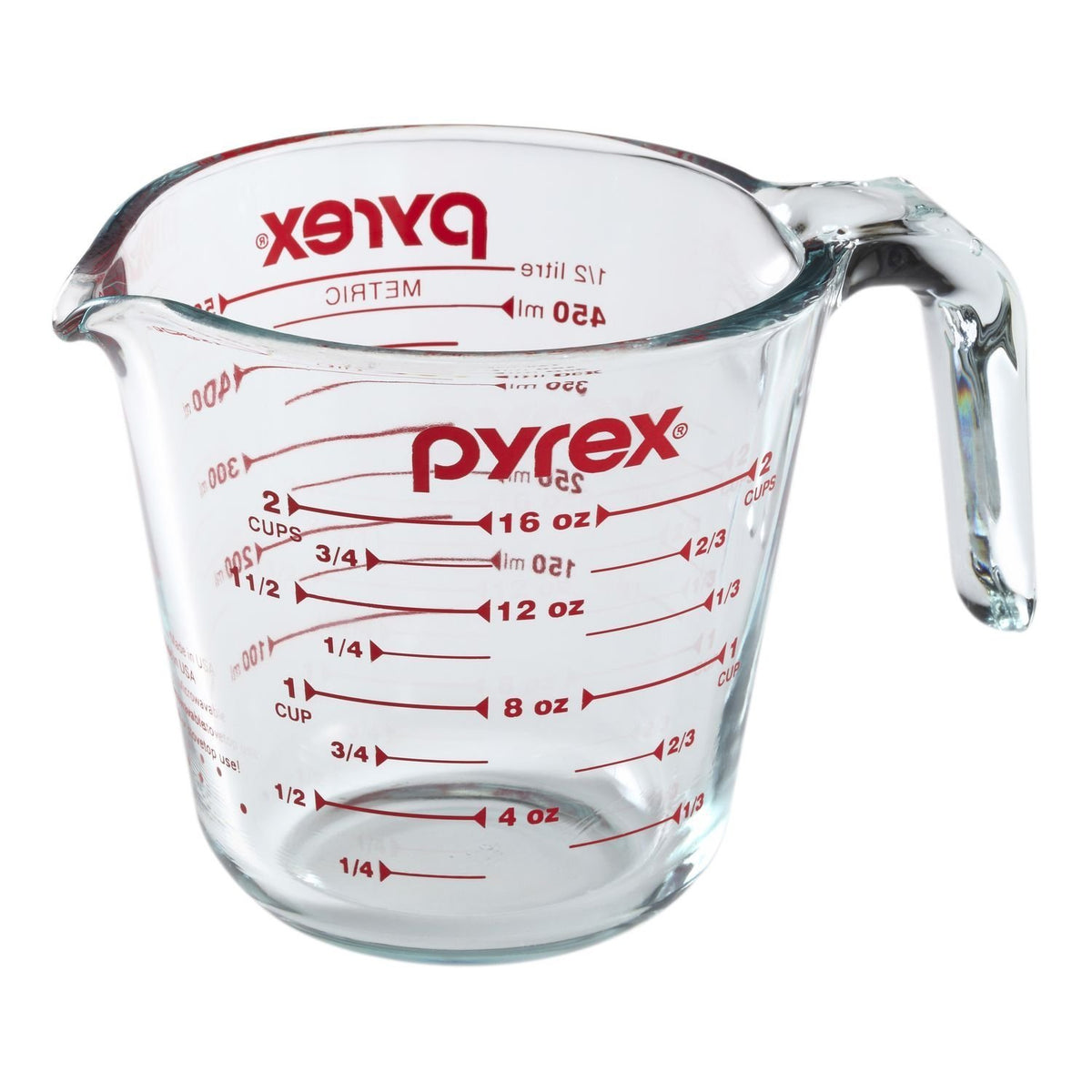 Pyrex Prepware stackable measuring cups, space-saving glass design.
