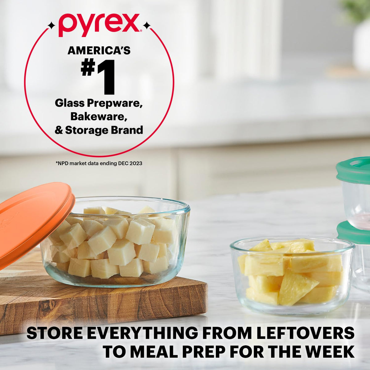 Brightly colored Pyrex Simply Store lid adds vibrant storage organization.