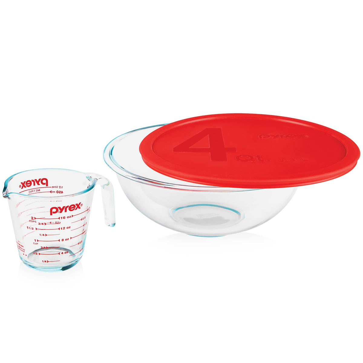 Pyrex Smart Essentials 4-Qt bowl with lid and 2-cup measuring cup for precise prep
