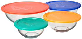 Pyrex Smart Essentials glass bowls with lids collection view for organized storage.