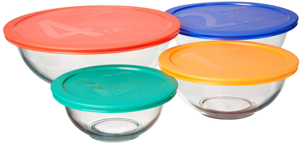 Pyrex Smart Essentials glass bowls with lids collection view for organized storage.