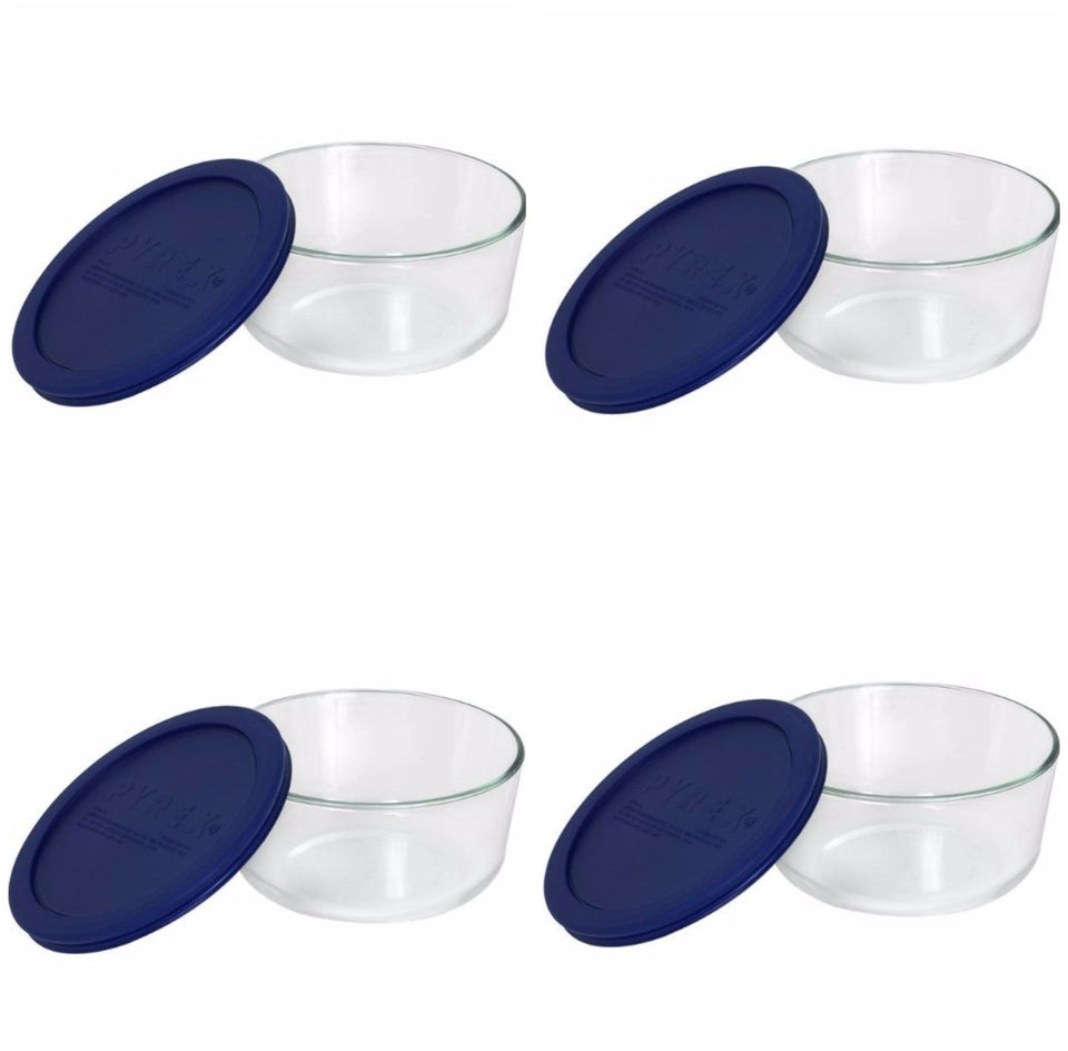 Pyrex storage 4-cup round dish with dark blue cover keeps leftovers fresh.