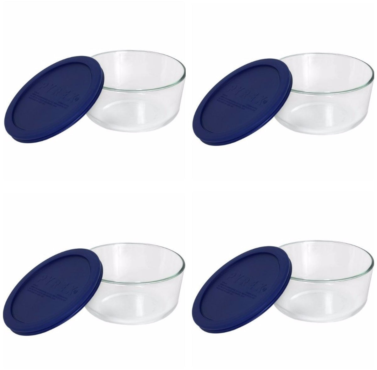 Pyrex storage 4-cup round dish lid closeup shows the dark blue lid and secure seal.