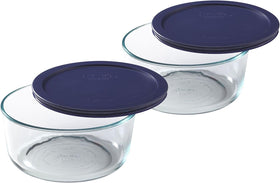 Pyrex Storage Plus 7-Cup Round Dish with Blue Lid, front view, ideal for everyday fridge storage.