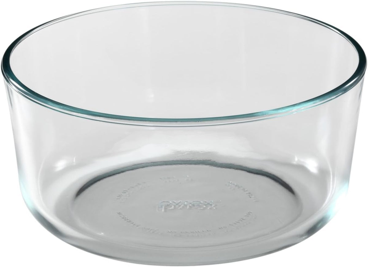 Pyrex Storage Plus 7-Cup Round Dish with Blue Lid in fridge keeps leftovers fresh.