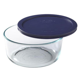 Pyrex Storage Plus 7-Cup Round Dish with Blue Lid, stacked for pantry organization.