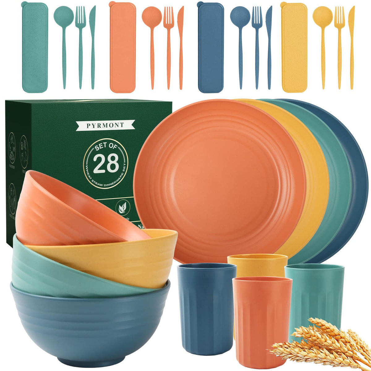 PYRMONT 28-piece wheat straw dinnerware plates showcase durable, unbreakable design for everyday meals.