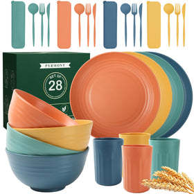 PYRMONT 28-piece wheat straw dinnerware plates showcase durable, unbreakable design for everyday meals.