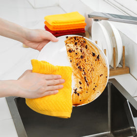 QAJ dishcloths-13x13-fast-drying fabric speeds drying of dishes.