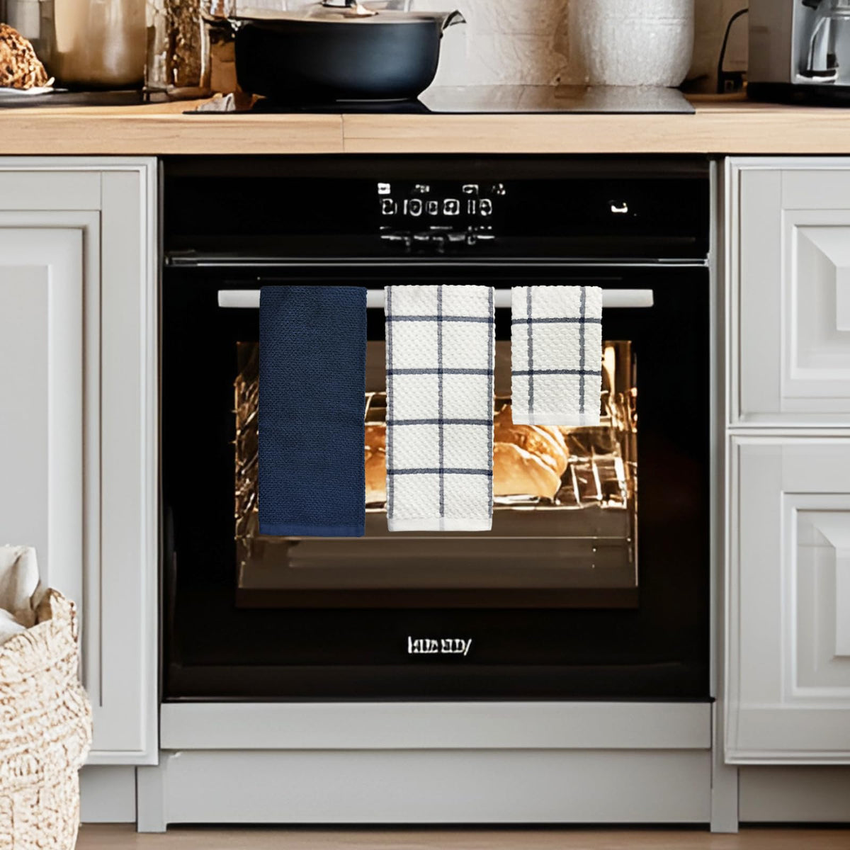 QAJ kitchen towels organized for pantry storage and easy reach.