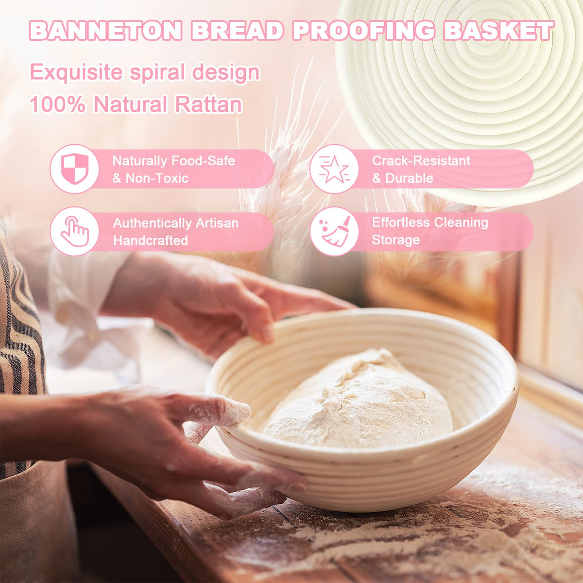 Qalvyn banneton proofing basket with natural liner for even dough shaping
