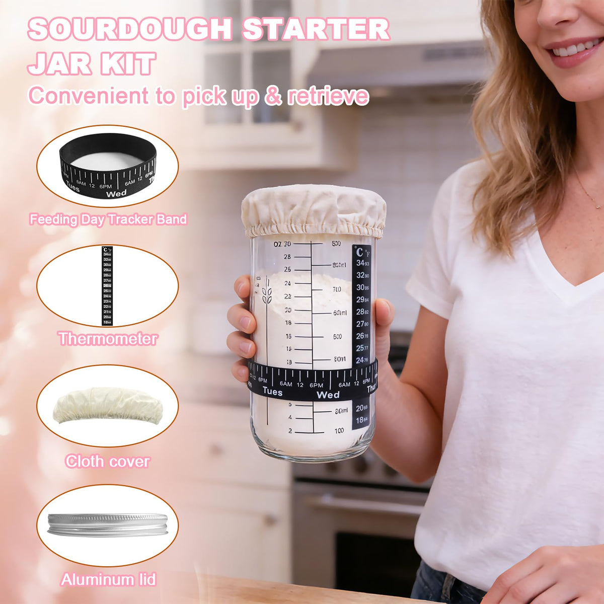 Qalvyn glass sourdough starter jar with temperature strip for progress tracking