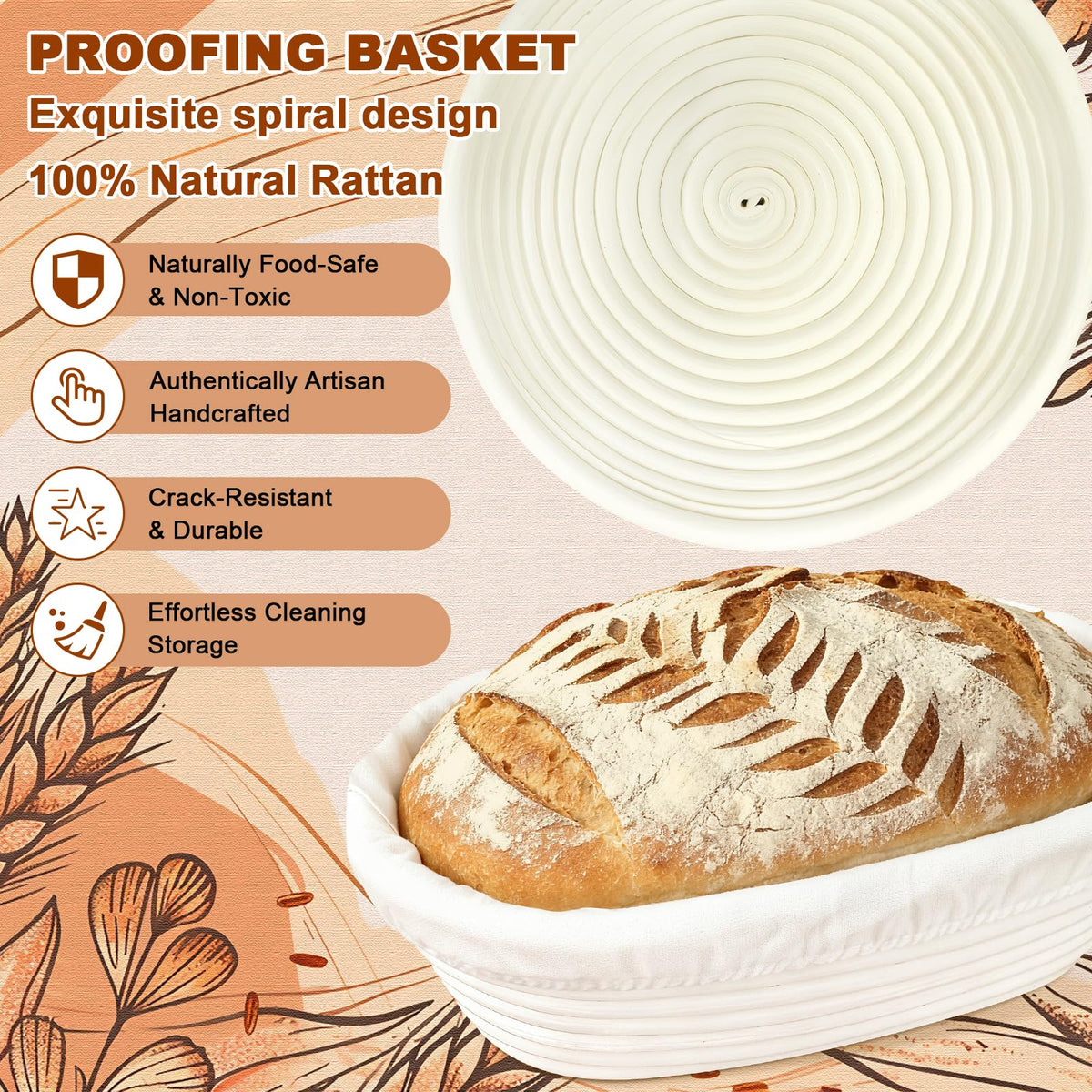Qalvyn oval proofing basket 10-inch for even proofing and pattern creation.