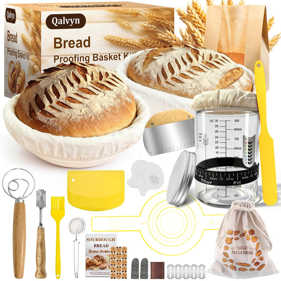 Qalvyn sourdough starter jar in glass with scale for precise mixing and fermentation.