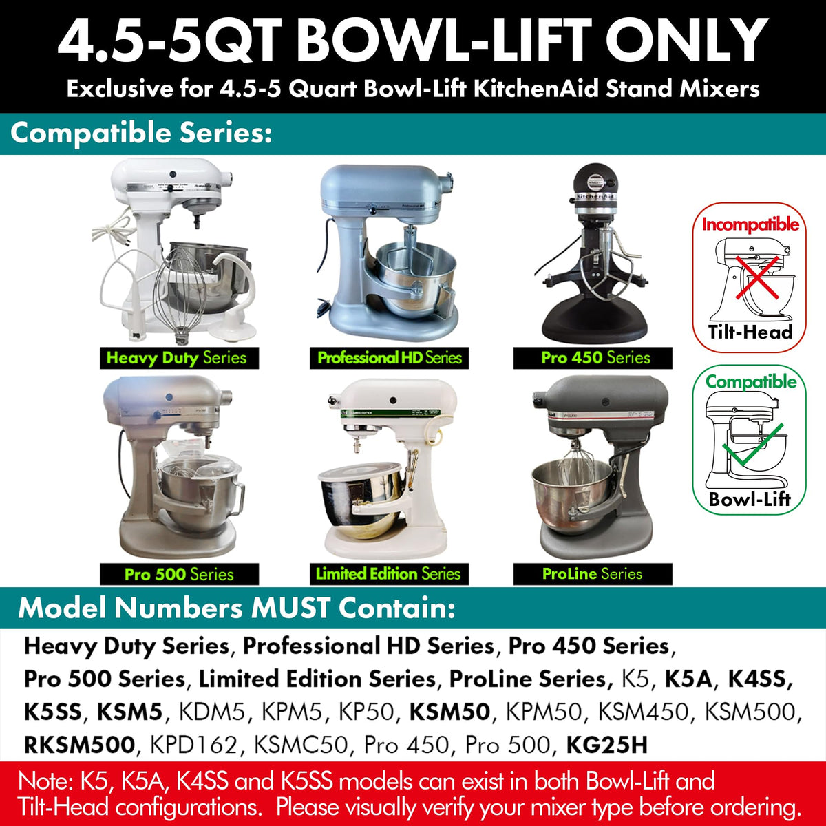 QAp Quality Art Practical hook is compatible with KitchenAid 5qt bowl-lift mixers.