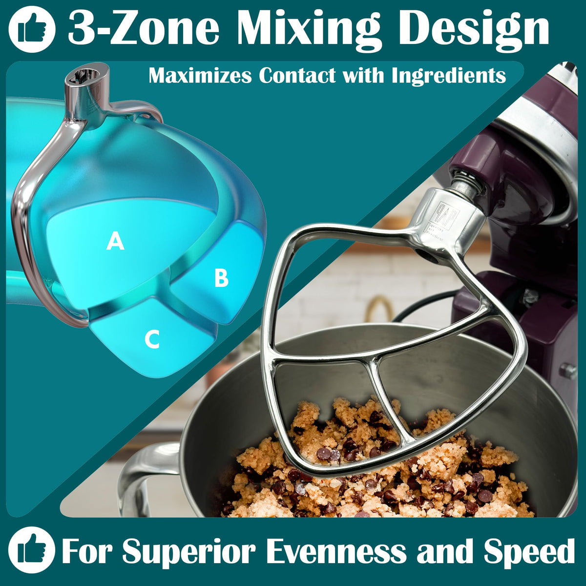 qAp flat beater; scratch-free surface for clean mixing.