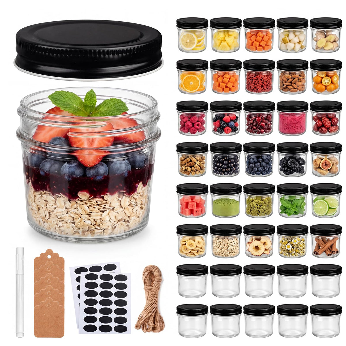 QAPPDA 4oz mini mason jar with black lid, ideal for gifts and pantry storage