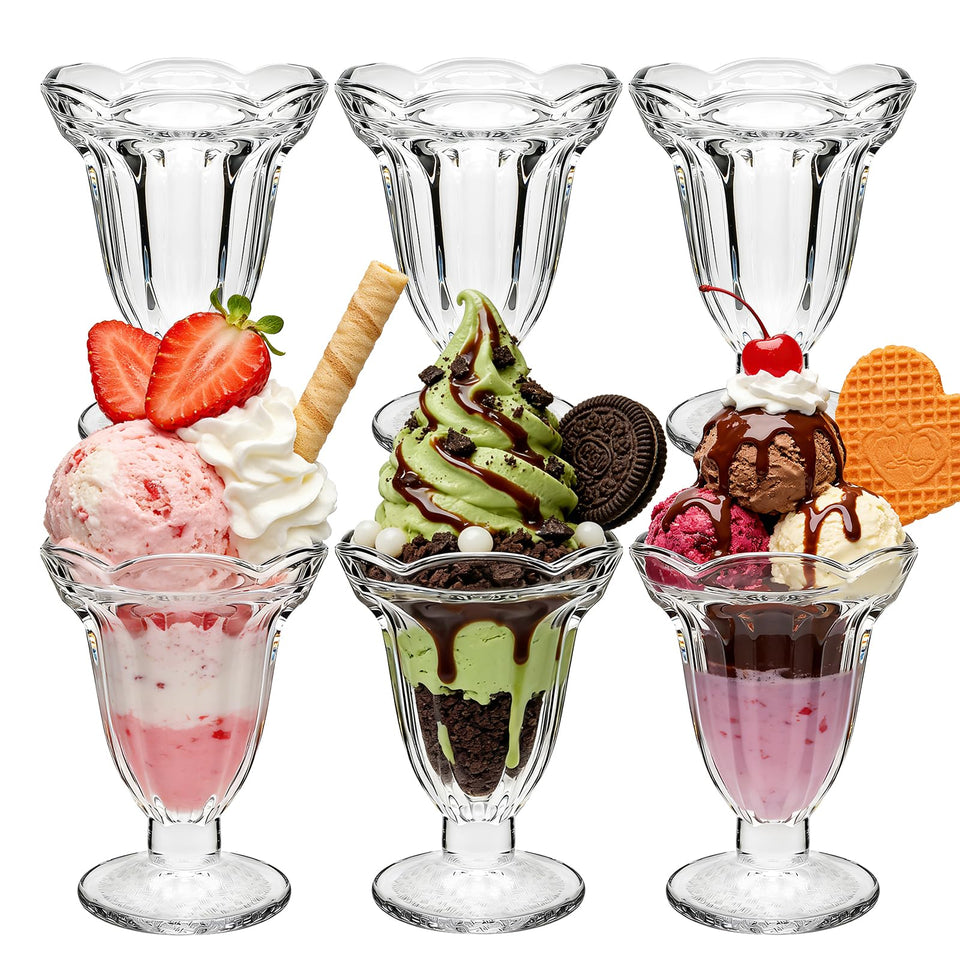 QAPPDA glass tulip sundae cups showing 6.7oz capacity for generous servings