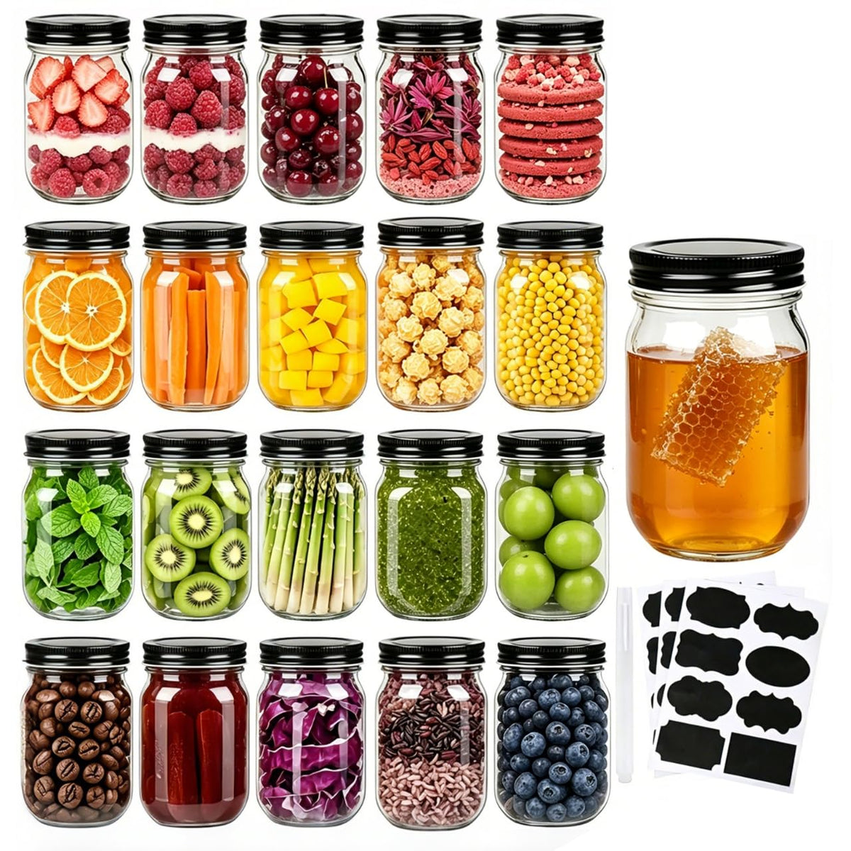 QAPPDA mason jar 12oz with black lids for airtight dry storage.