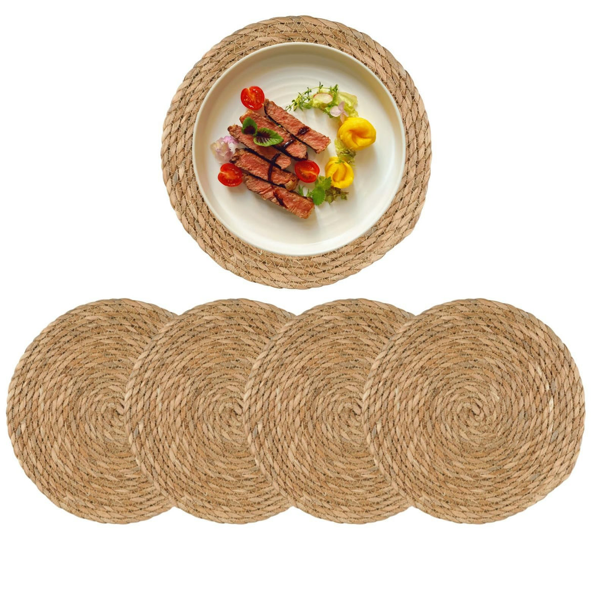 Qavinch round placemats natural water hyacinth closeup showing tight weave and texture for table protection