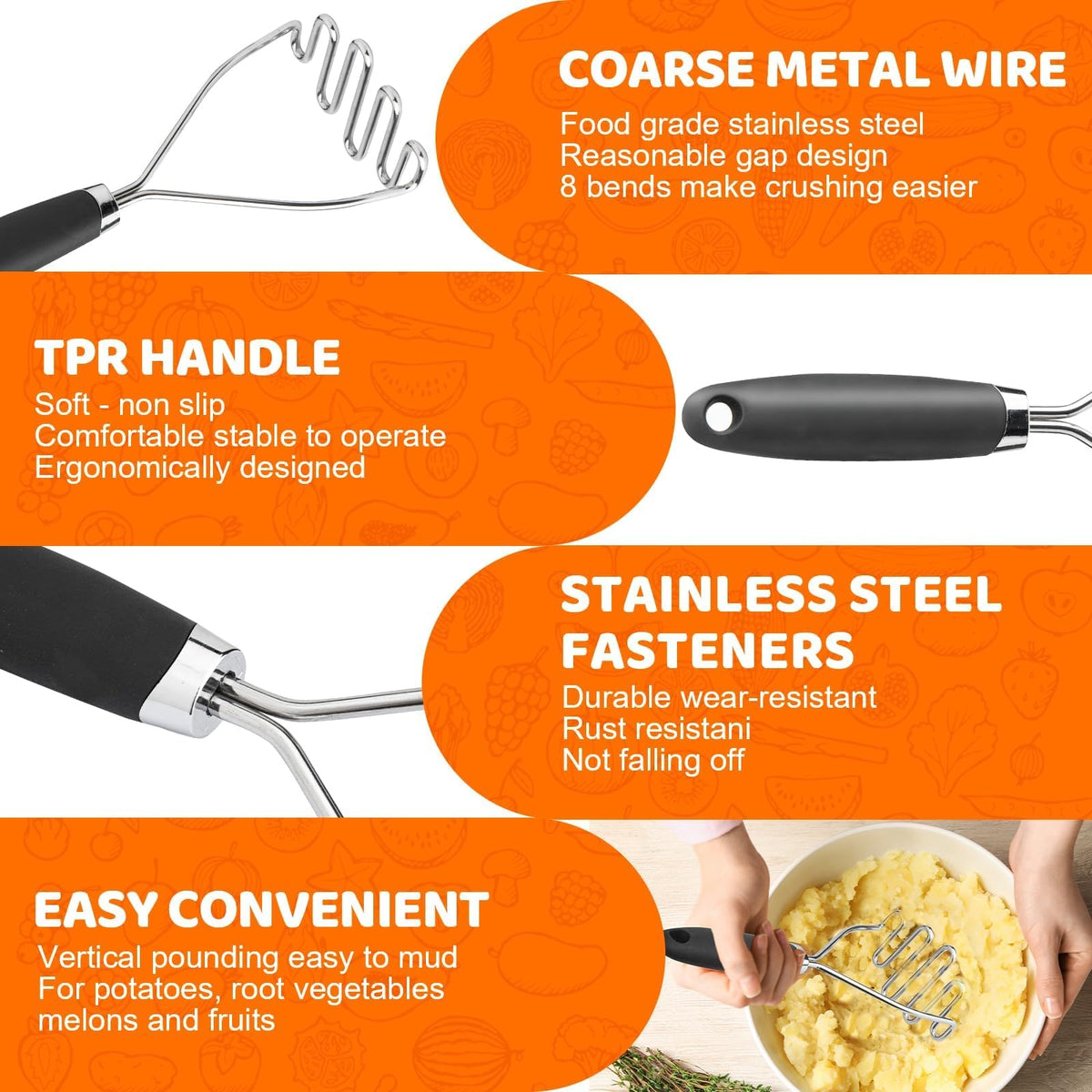 QBily potato masher handle close-up, ergonomic grip for comfortable cooking.