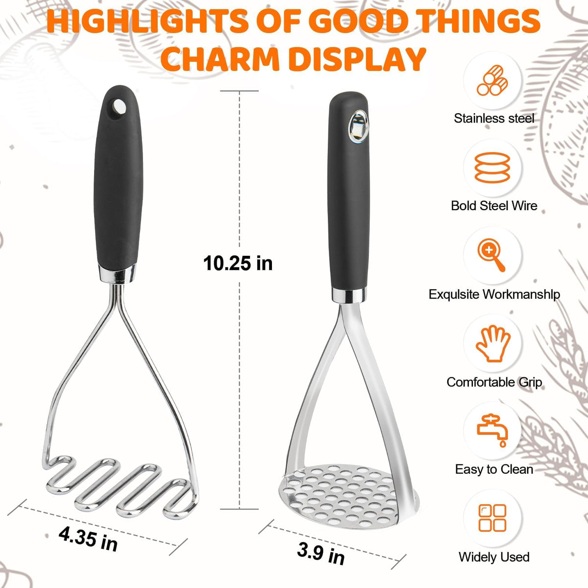 QBily masher in use with vegetables and fruits, versatile kitchen tool.