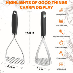 QBily masher in use with vegetables and fruits, versatile kitchen tool.