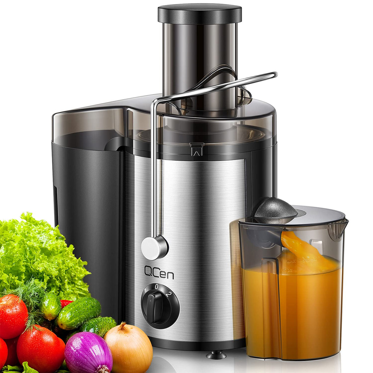 QCen juicer top view shows the 500W motor for efficient juice extraction