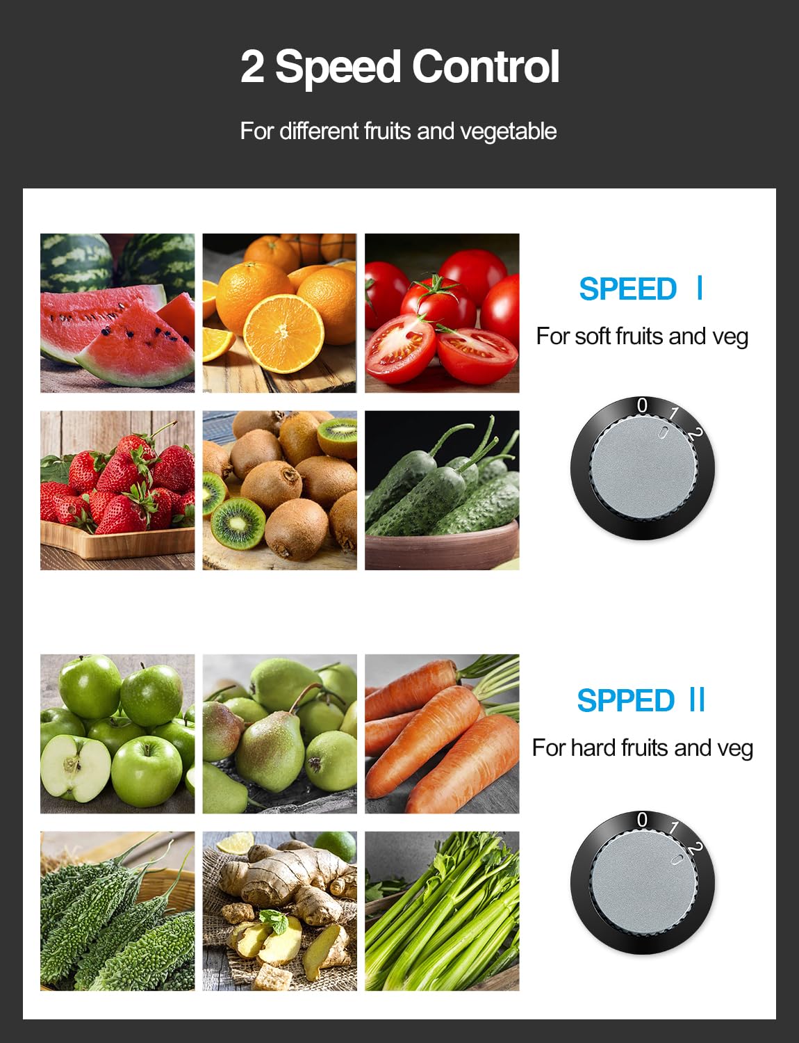 QCen juicer with dual-speed control for soft and hard produce.