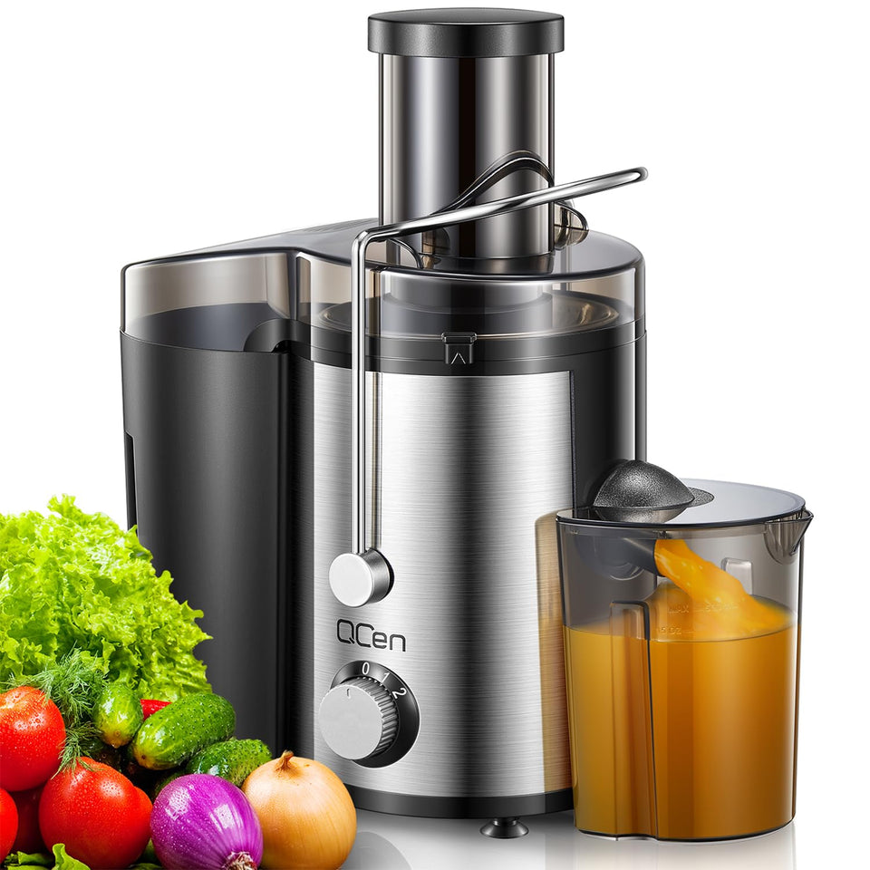 QCen juicer front view in a compact black stainless steel body for home use.