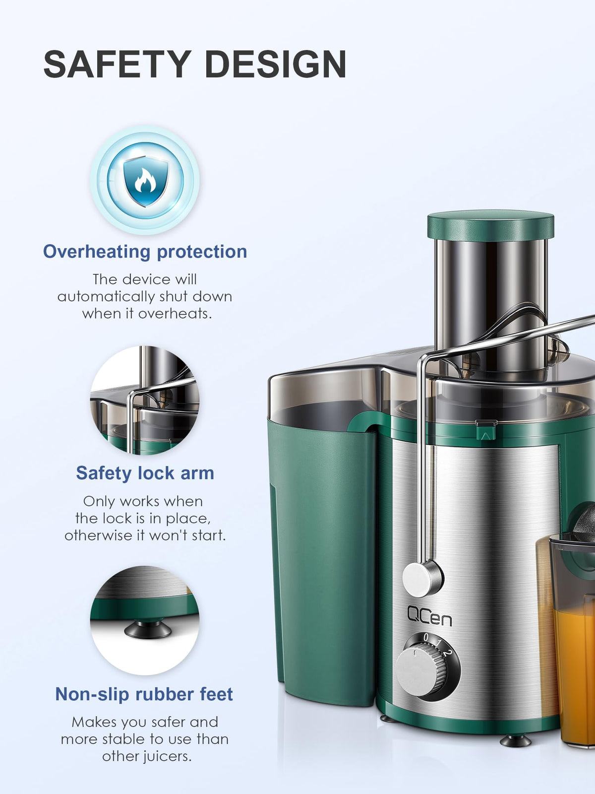QCen Juicer 800W green compact design fits kitchen counters