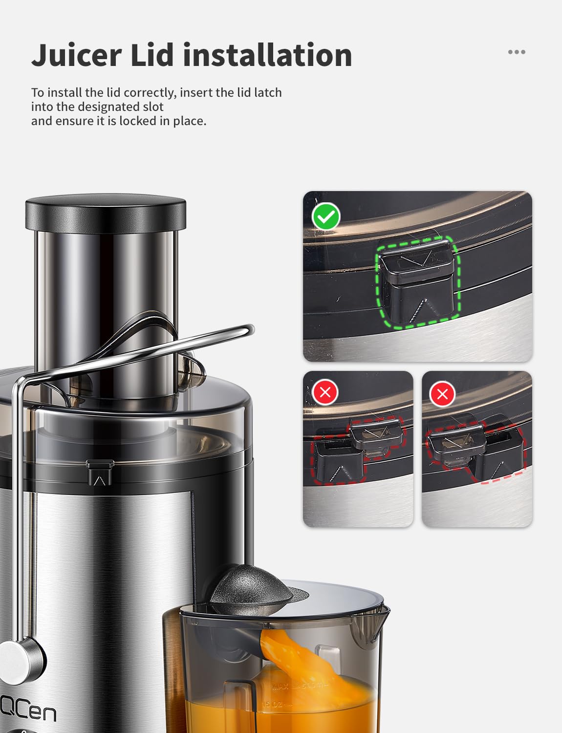 QCen safety-lock system ensuring secure operation during juicing.